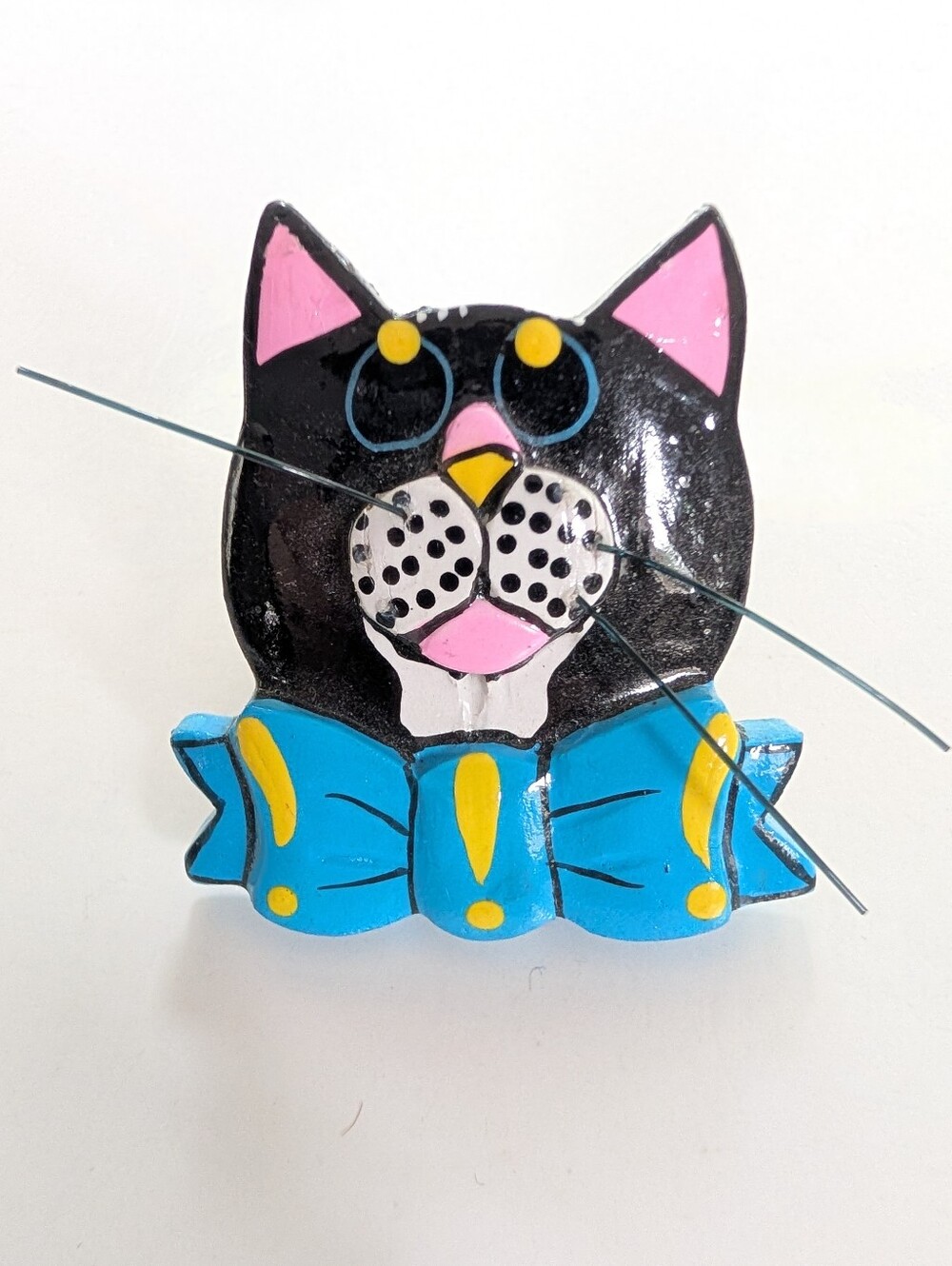 Vintage Carved Wood Whimsigoth Black Cat Bow Novelty Statement Ring Size 8.25